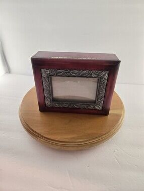 Vintage Cherry Wood Keepsake Jewelry Box with Pewter Photo Frame Lid